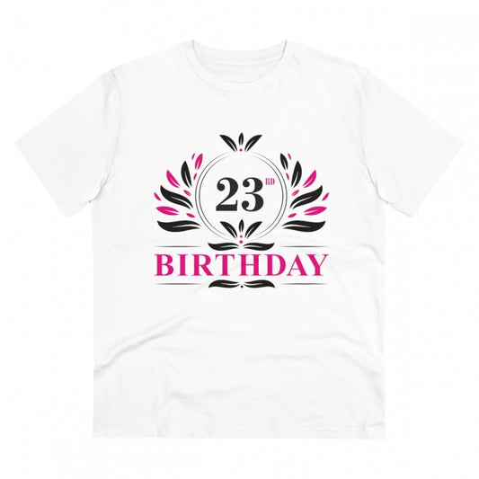 Men's PC Cotton 23rd Birthday Printed T Shirt (Color: White, Thread Count: 180GSM)