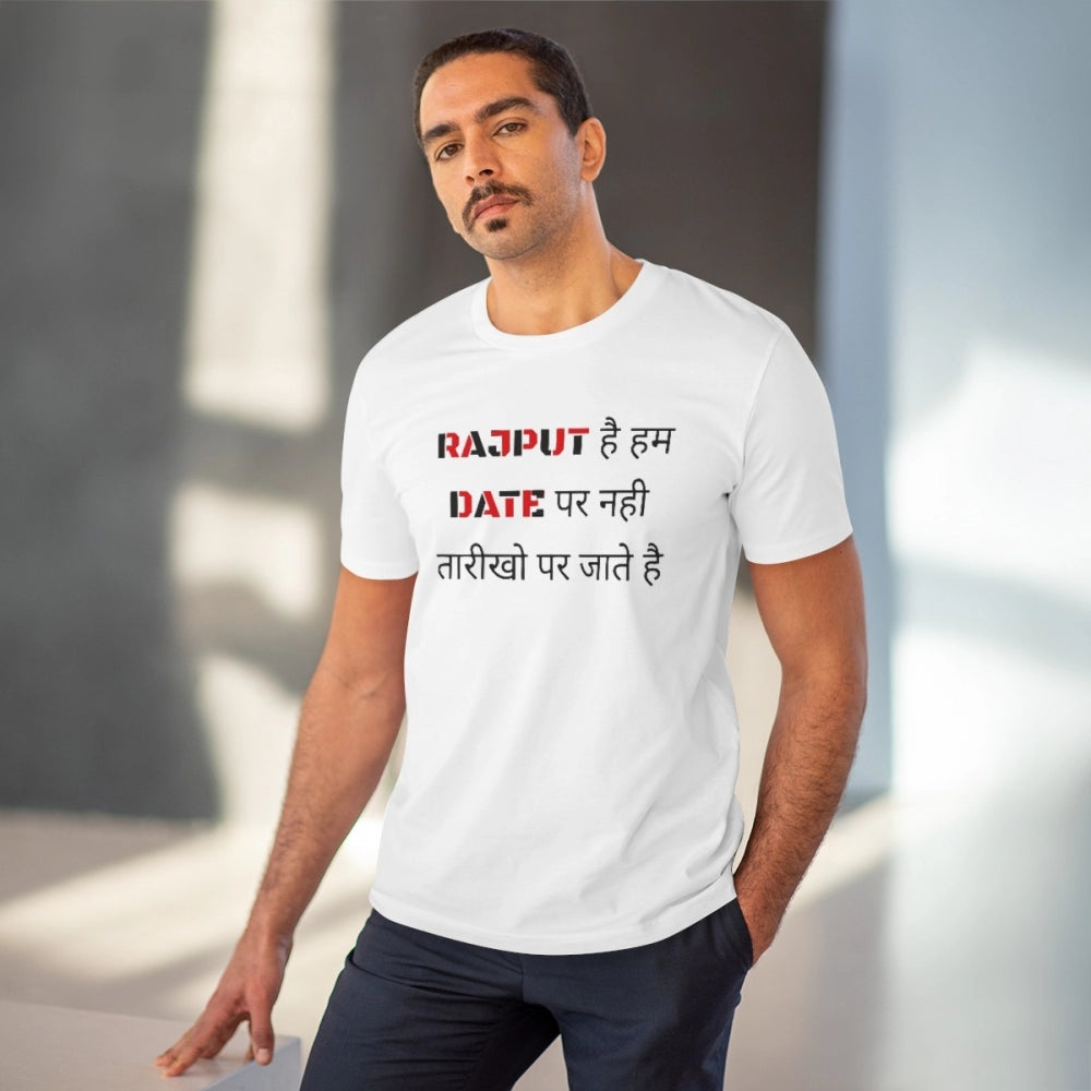 Men's PC Cotton Rajput Hai Hum Date Par Nahi Tarikho Par Jate Hai Printed T Shirt (Color: White, Thread Count: 180GSM)