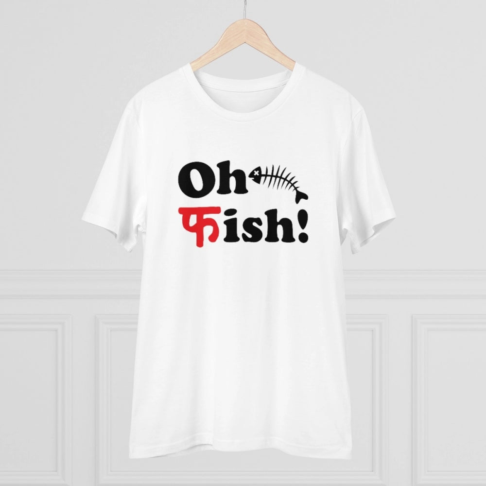 Men's PC Cotton Oh Fish Printed T Shirt (Color: White, Thread Count: 180GSM)