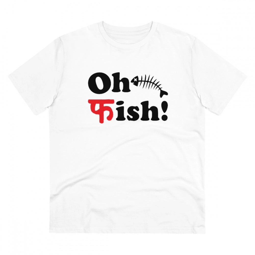 Men's PC Cotton Oh Fish Printed T Shirt (Color: White, Thread Count: 180GSM)