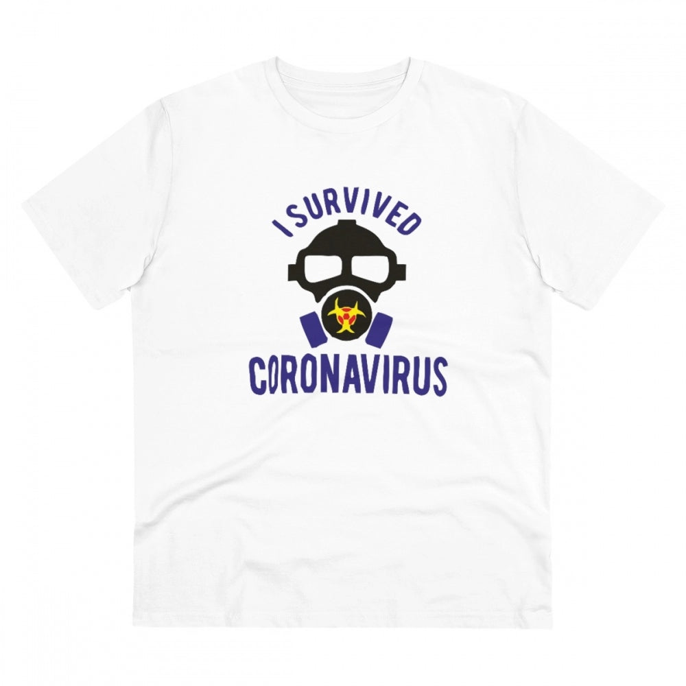 Men's PC Cotton I Survived Coronavirus Printed T Shirt (Color: White, Thread Count: 180GSM)