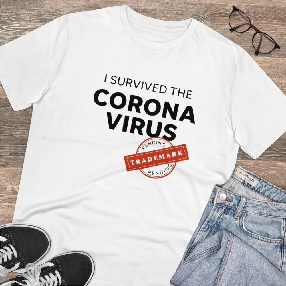 Men's PC Cotton I Survived Corona Virus Printed T Shirt (Color: White, Thread Count: 180GSM)