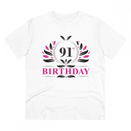 Men's PC Cotton 91st Birthday Printed T Shirt (Color: White, Thread Count: 180GSM)