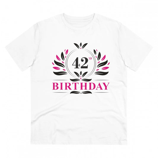Men's PC Cotton 42nd Birthday Printed T Shirt (Color: White, Thread Count: 180GSM)