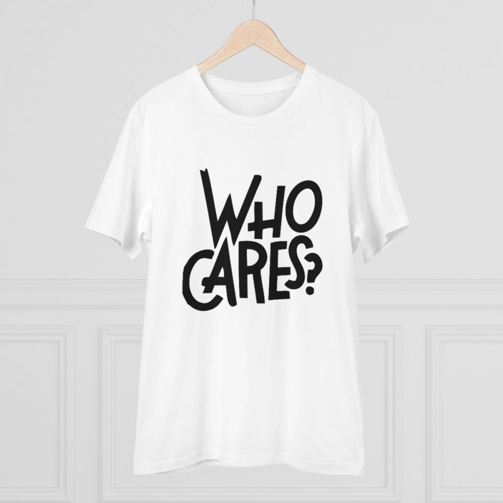 Men's PC Cotton Who Cares Printed T Shirt (Color: White, Thread Count: 180GSM)