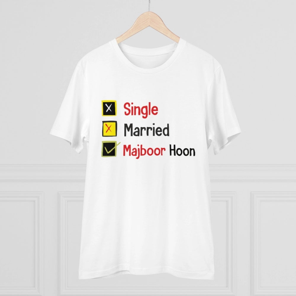 Men's PC Cotton Single Married Majbur Printed T Shirt (Color: White, Thread Count: 180GSM)
