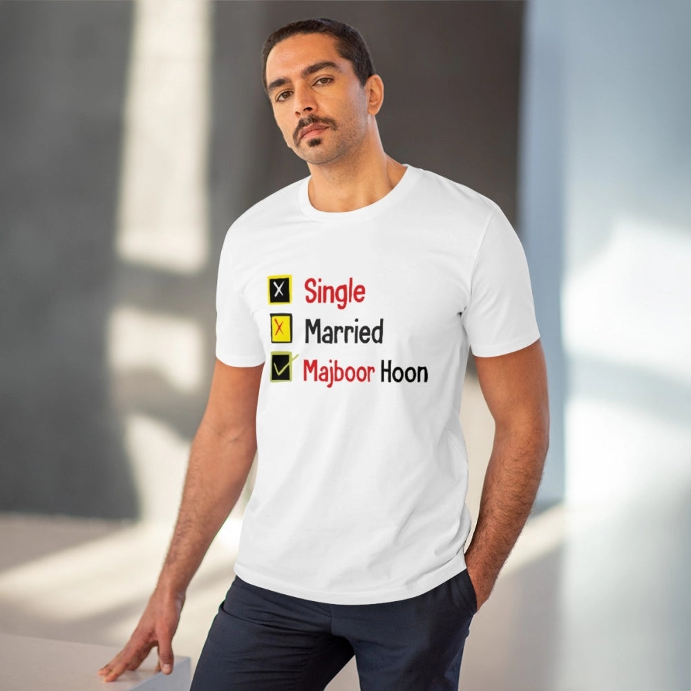 Men's PC Cotton Single Married Majbur Printed T Shirt (Color: White, Thread Count: 180GSM)