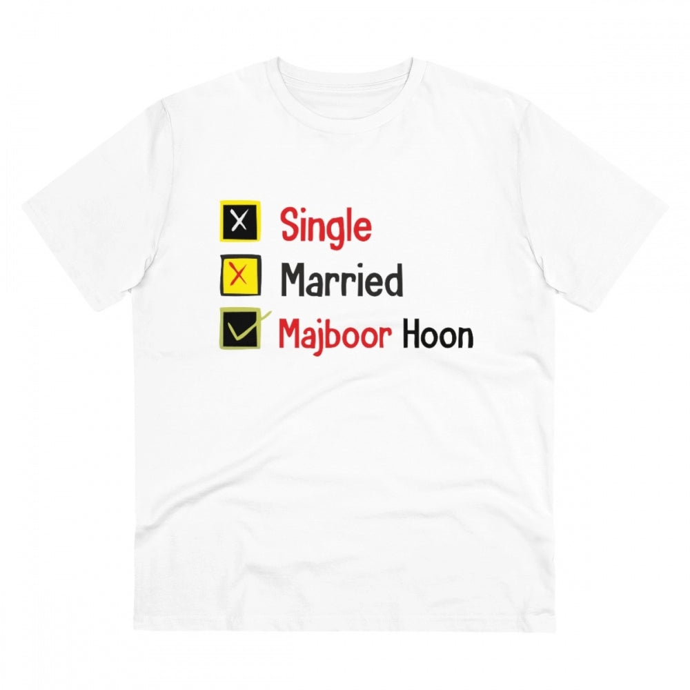 Men's PC Cotton Single Married Majbur Printed T Shirt (Color: White, Thread Count: 180GSM)