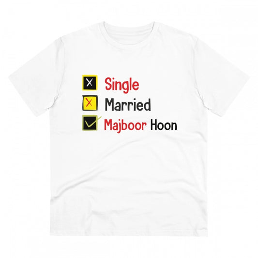 Men's PC Cotton Single Married Majbur Printed T Shirt (Color: White, Thread Count: 180GSM)