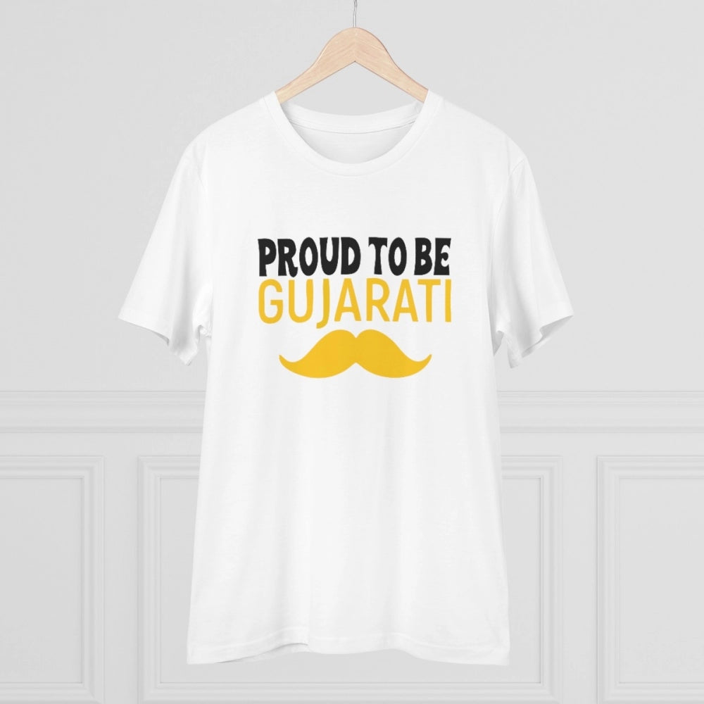 Men's PC Cotton Proud To Be Gujarati Printed T Shirt (Color: White, Thread Count: 180GSM)