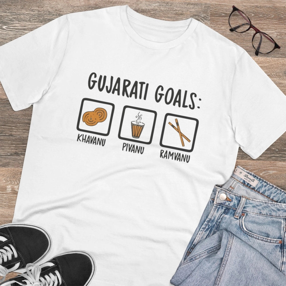 Men's PC Cotton Gujarati Goals Printed T Shirt (Color: White, Thread Count: 180GSM)