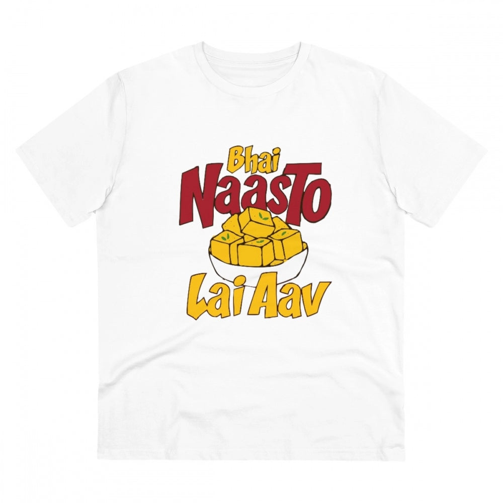 Men's PC Cotton Bhai Nasto Lai Aav Printed T Shirt (Color: White, Thread Count: 180GSM)