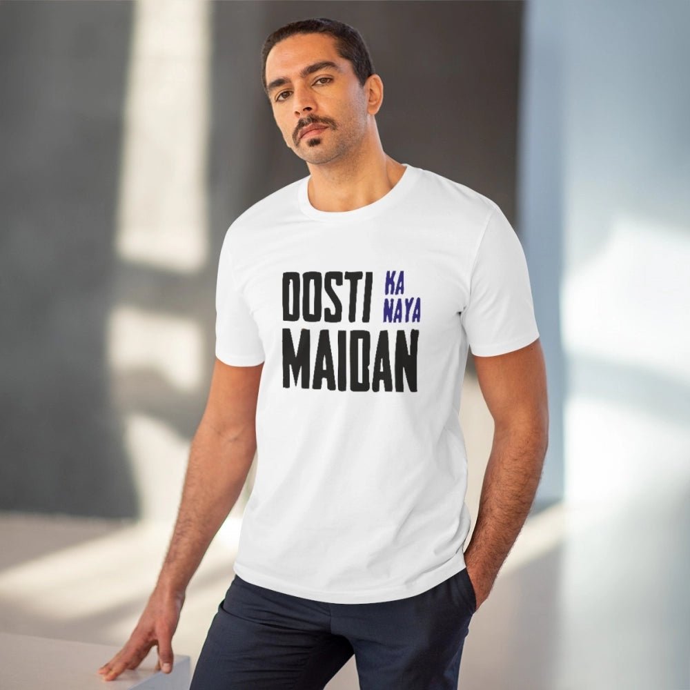 Men's PC Cotton Dosti Ka Naya Maidan Printed T Shirt (Color: White, Thread Count: 180GSM)