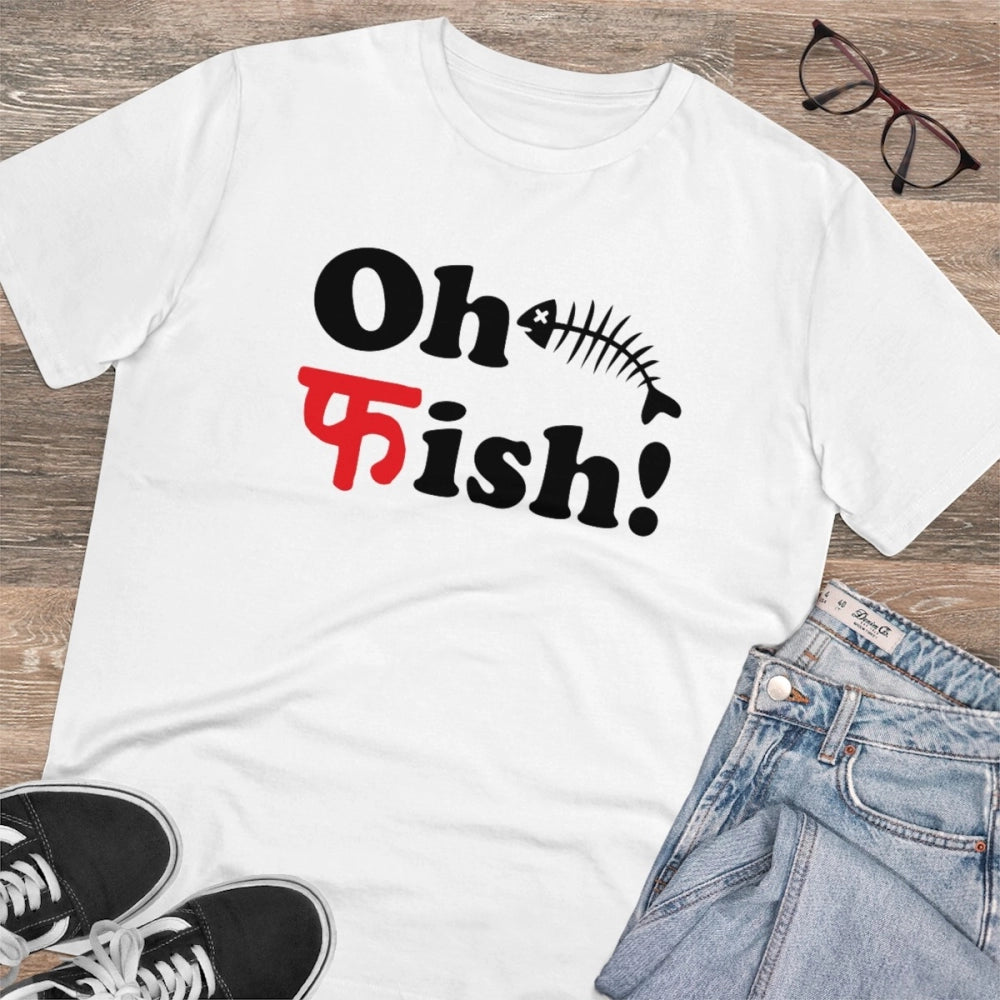 Men's PC Cotton Oh Fish Printed T Shirt (Color: White, Thread Count: 180GSM)