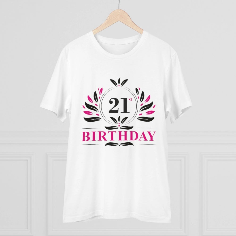 Men's PC Cotton 21st Birthday Printed T Shirt (Color: White, Thread Count: 180GSM)