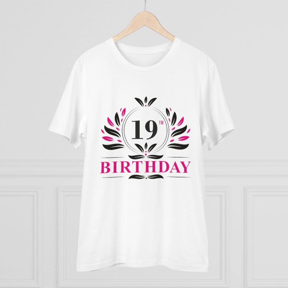 Men's PC Cotton 19th Birthday Printed T Shirt (Color: White, Thread Count: 180GSM)