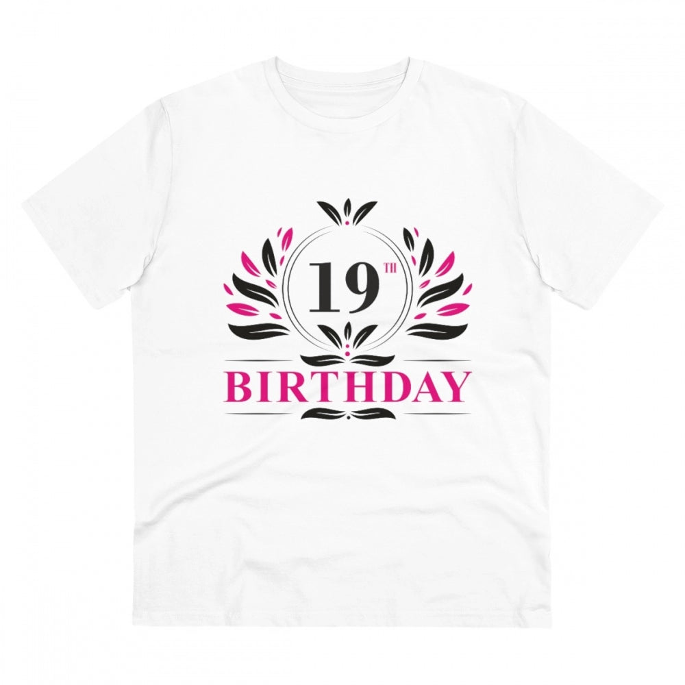 Men's PC Cotton 19th Birthday Printed T Shirt (Color: White, Thread Count: 180GSM)