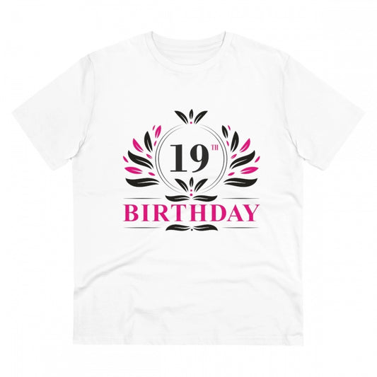 Men's PC Cotton 19th Birthday Printed T Shirt (Color: White, Thread Count: 180GSM)