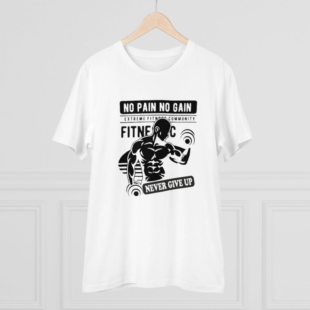 Men's PC Cotton Gym No Pain No Gain Never Give Up Printed T Shirt (Color: White, Thread Count: 180GSM)