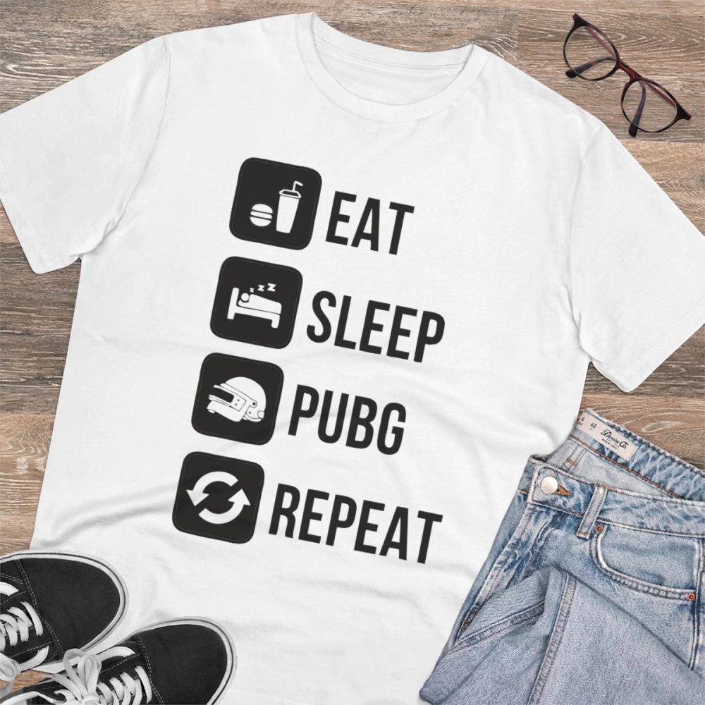 Men's PC Cotton Eat Sleep Pubg Repeat Printed T Shirt (Color: White, Thread Count: 180GSM)