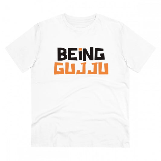 Men's PC Cotton Being Gujju Printed T Shirt (Color: White, Thread Count: 180GSM)