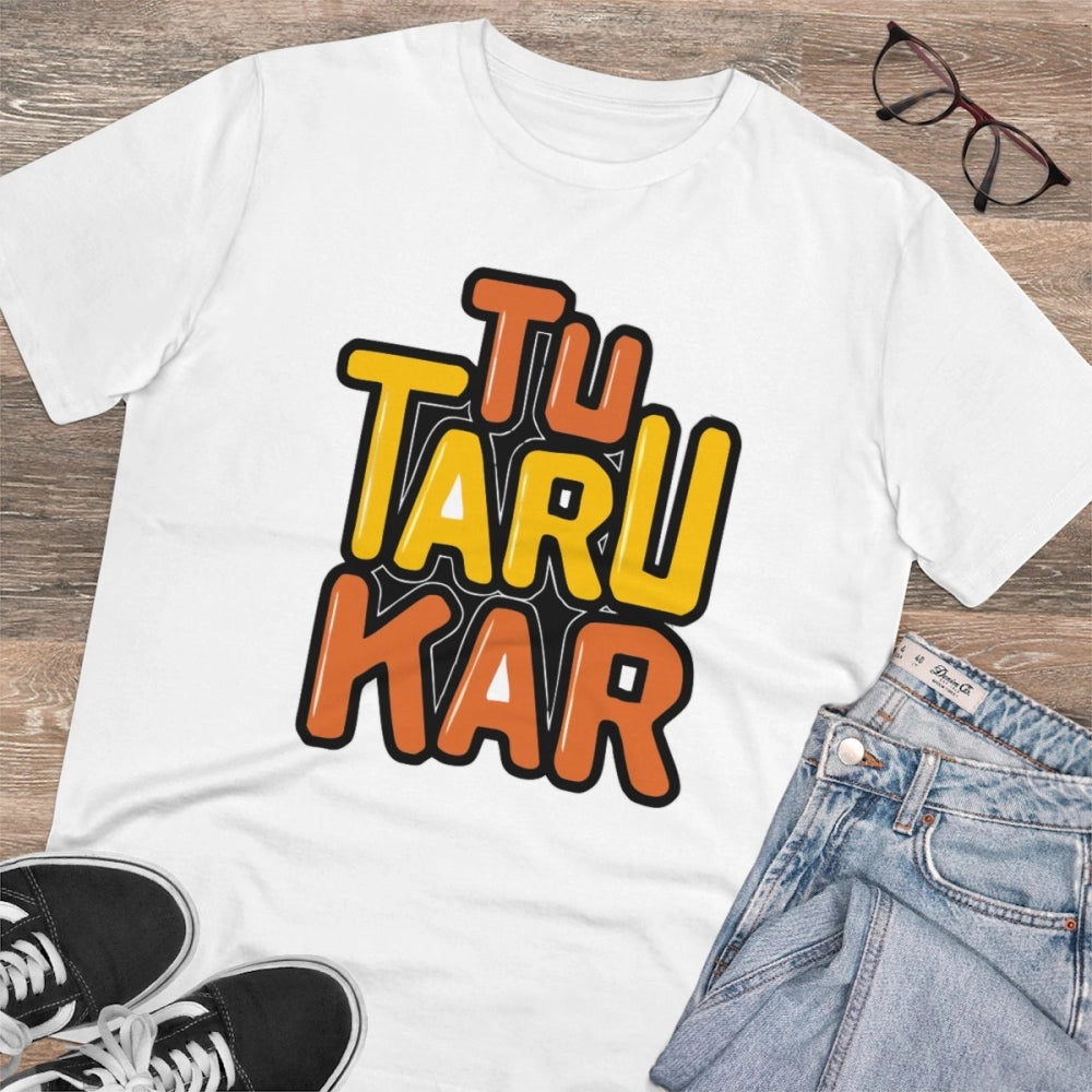 Men's PC Cotton Tu Taru Kar Printed T Shirt (Color: White, Thread Count: 180GSM)