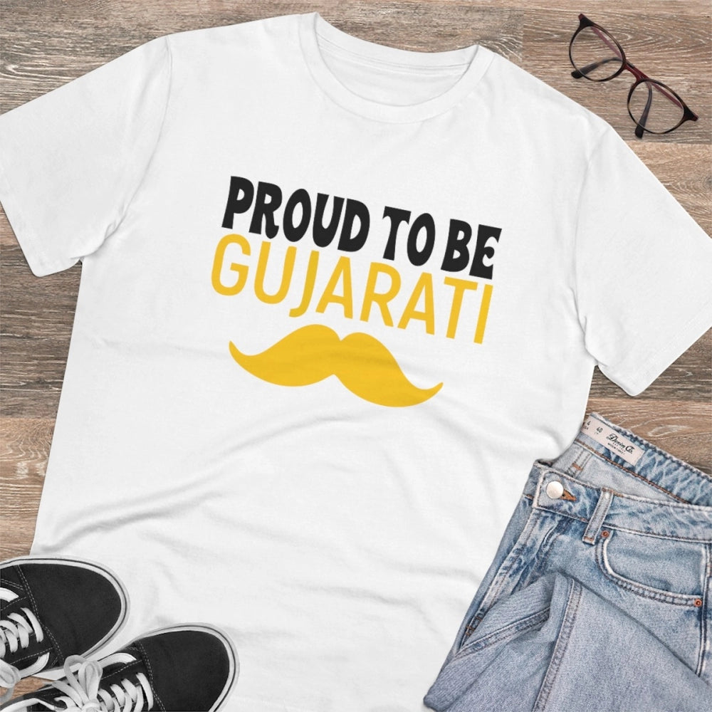 Men's PC Cotton Proud To Be Gujarati Printed T Shirt (Color: White, Thread Count: 180GSM)