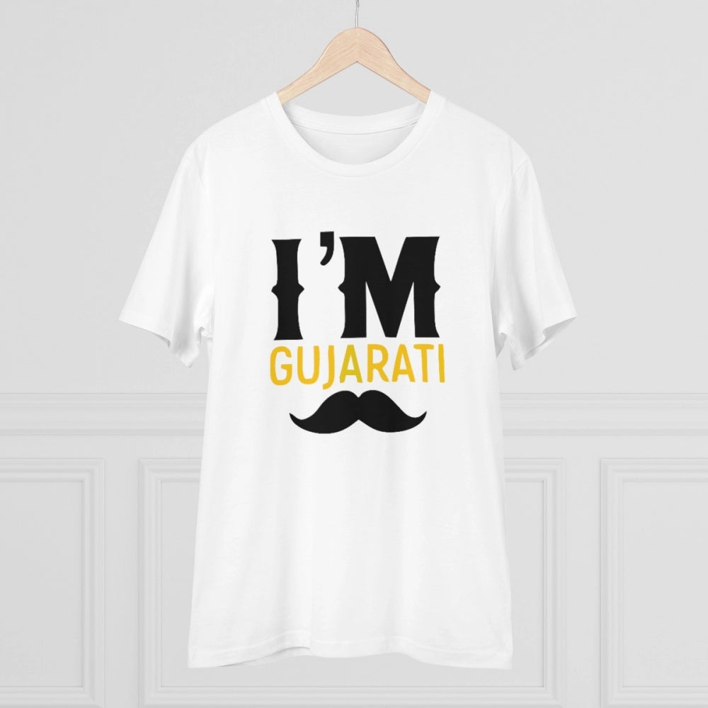 Men's PC Cotton I Am Gujarati Printed T Shirt (Color: White, Thread Count: 180GSM)