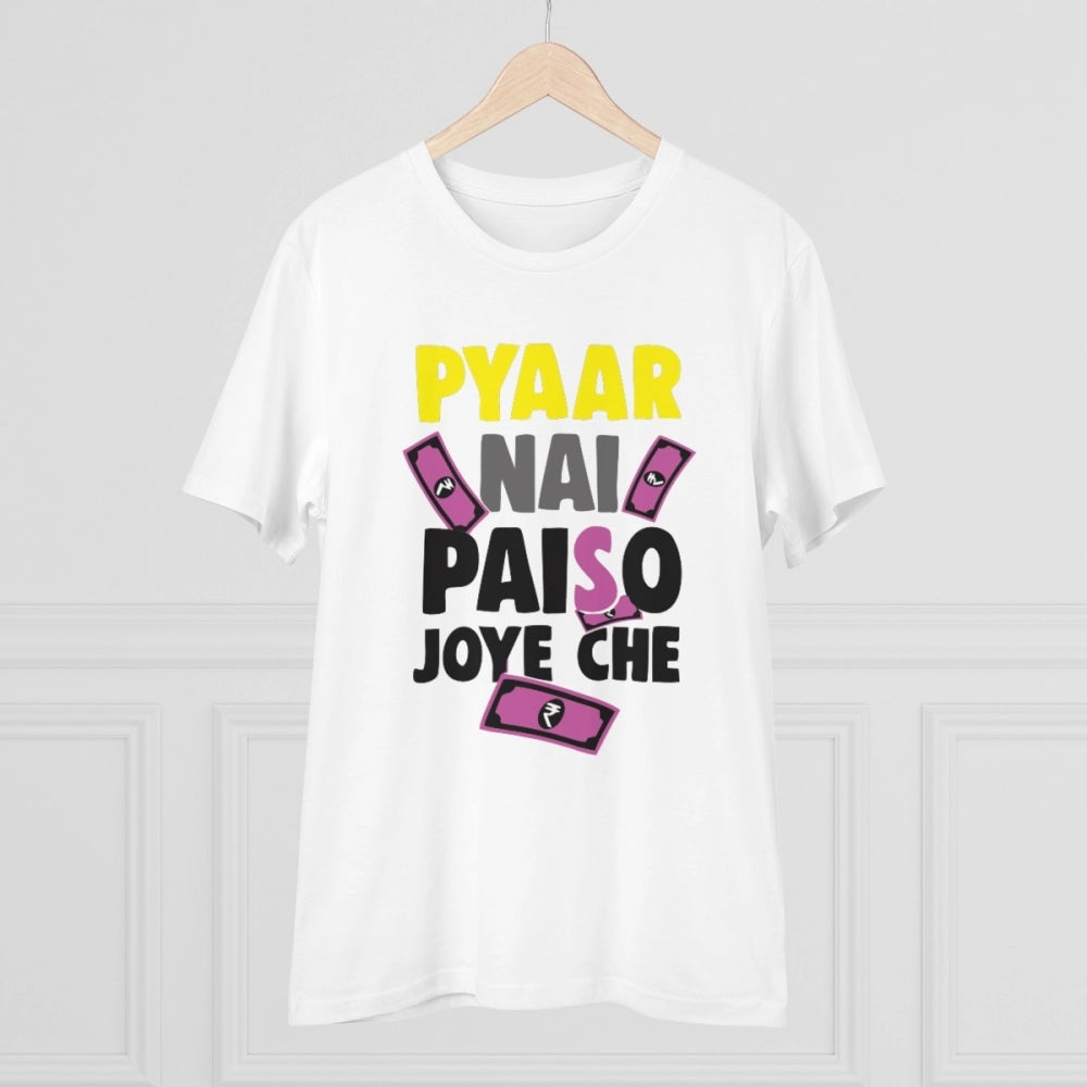 Men's PC Cotton Pyaar Nay Paisa Joy Che Printed T Shirt (Color: White, Thread Count: 180GSM)