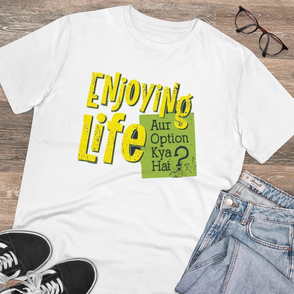 Men's PC Cotton Enjoying Life Printed T Shirt (Color: White, Thread Count: 180GSM)