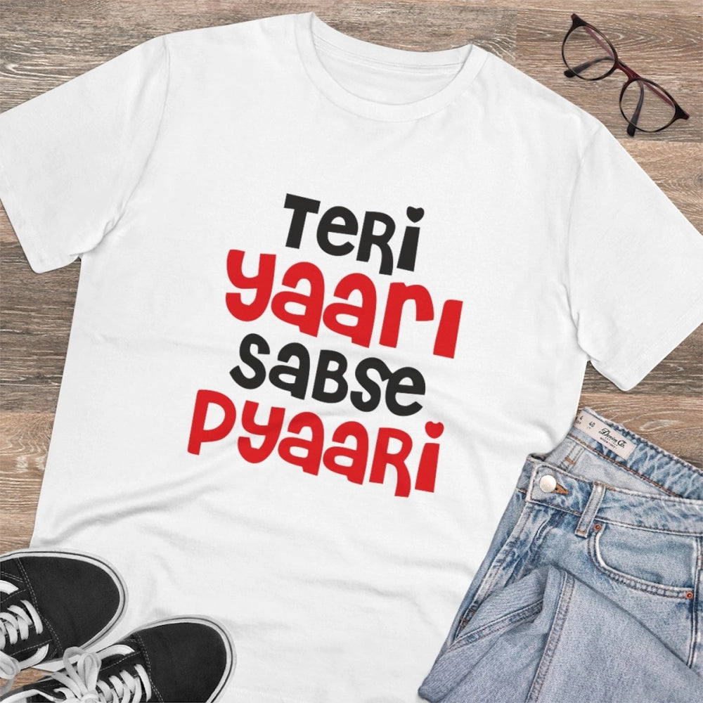 Men's PC Cotton Teri Yaari Sabse Pyaari Printed T Shirt (Color: White, Thread Count: 180GSM)