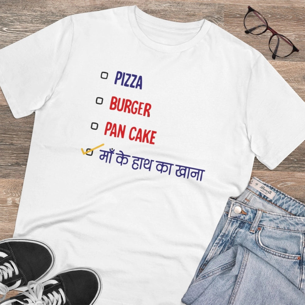 Men's PC Cotton Pizza Burger Pan Cake Maa Ke Hath Ka Khana Printed T Shirt (Color: White, Thread Count: 180GSM)