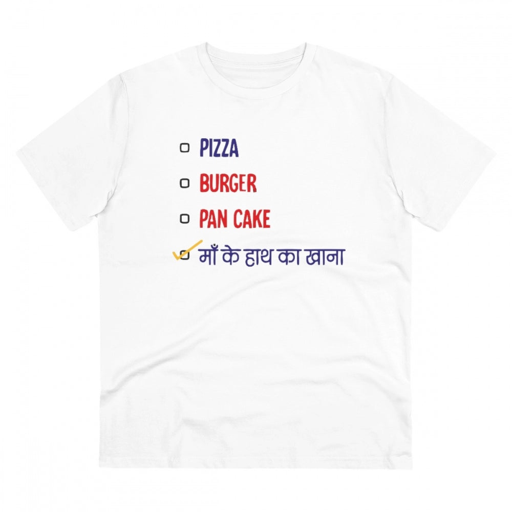 Men's PC Cotton Pizza Burger Pan Cake Maa Ke Hath Ka Khana Printed T Shirt (Color: White, Thread Count: 180GSM)