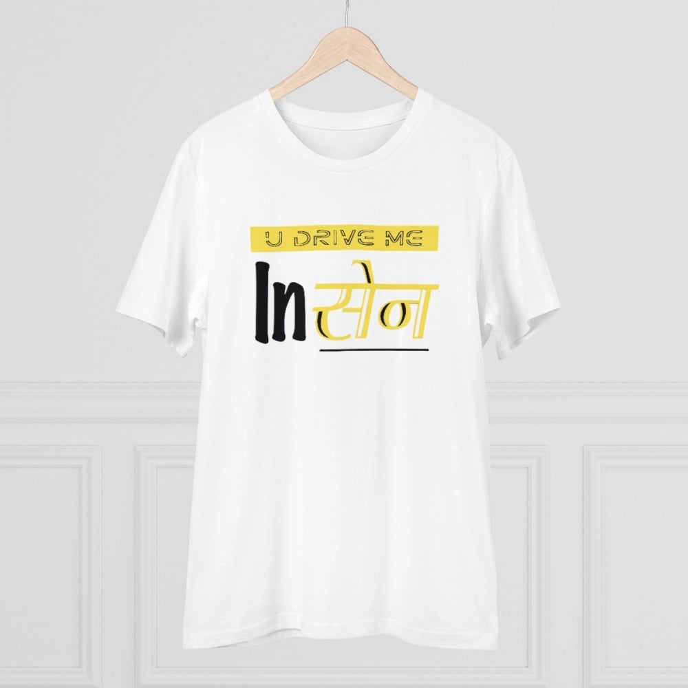 Men's PC Cotton U Drive Me In Sen Printed T Shirt (Color: White, Thread Count: 180GSM)