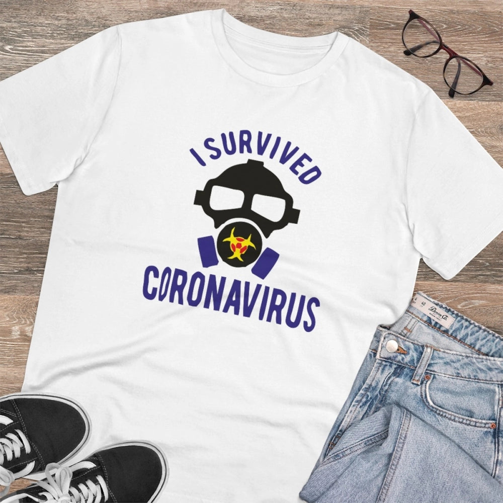 Men's PC Cotton I Survived Coronavirus Printed T Shirt (Color: White, Thread Count: 180GSM)