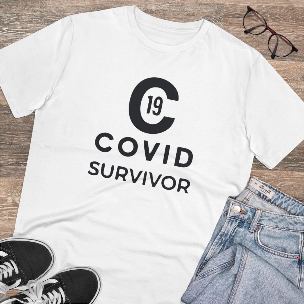 Men's PC Cotton Covid 19 Survivor Printed T Shirt (Color: White, Thread Count: 180GSM)