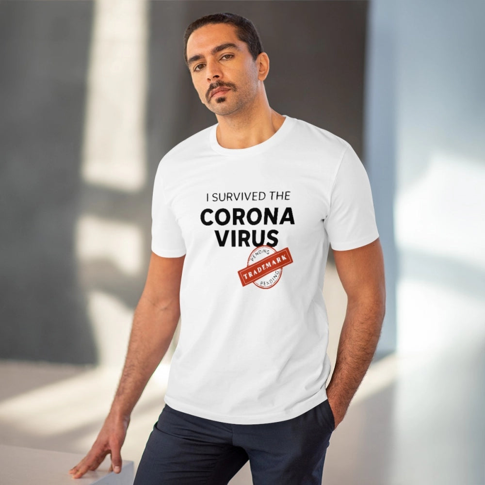 Men's PC Cotton I Survived Corona Virus Printed T Shirt (Color: White, Thread Count: 180GSM)