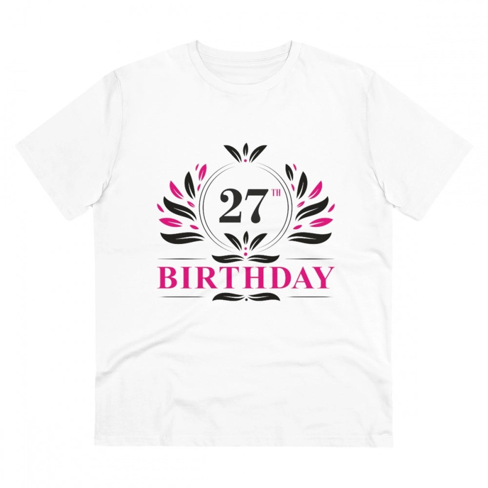Men's PC Cotton 27th Birthday Printed T Shirt (Color: White, Thread Count: 180GSM)
