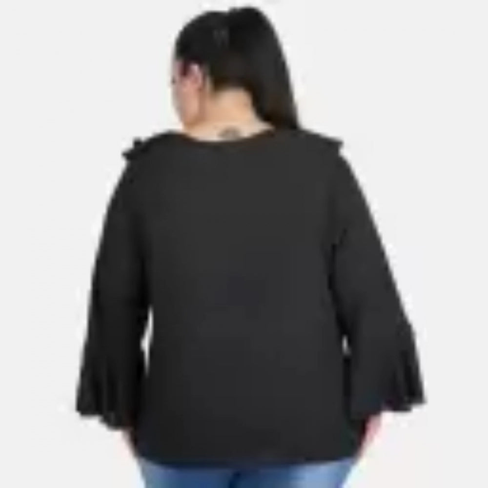 Women's Casual Bell Sleeve Solid Black Top (Color:Black, Material:Georgette)