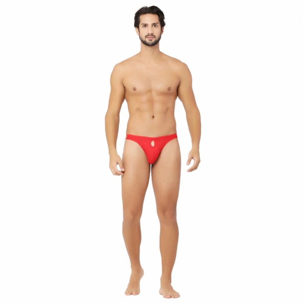Men's Cotton Spandex Brief Thong Front Open Hole Notch Underwear (Red)