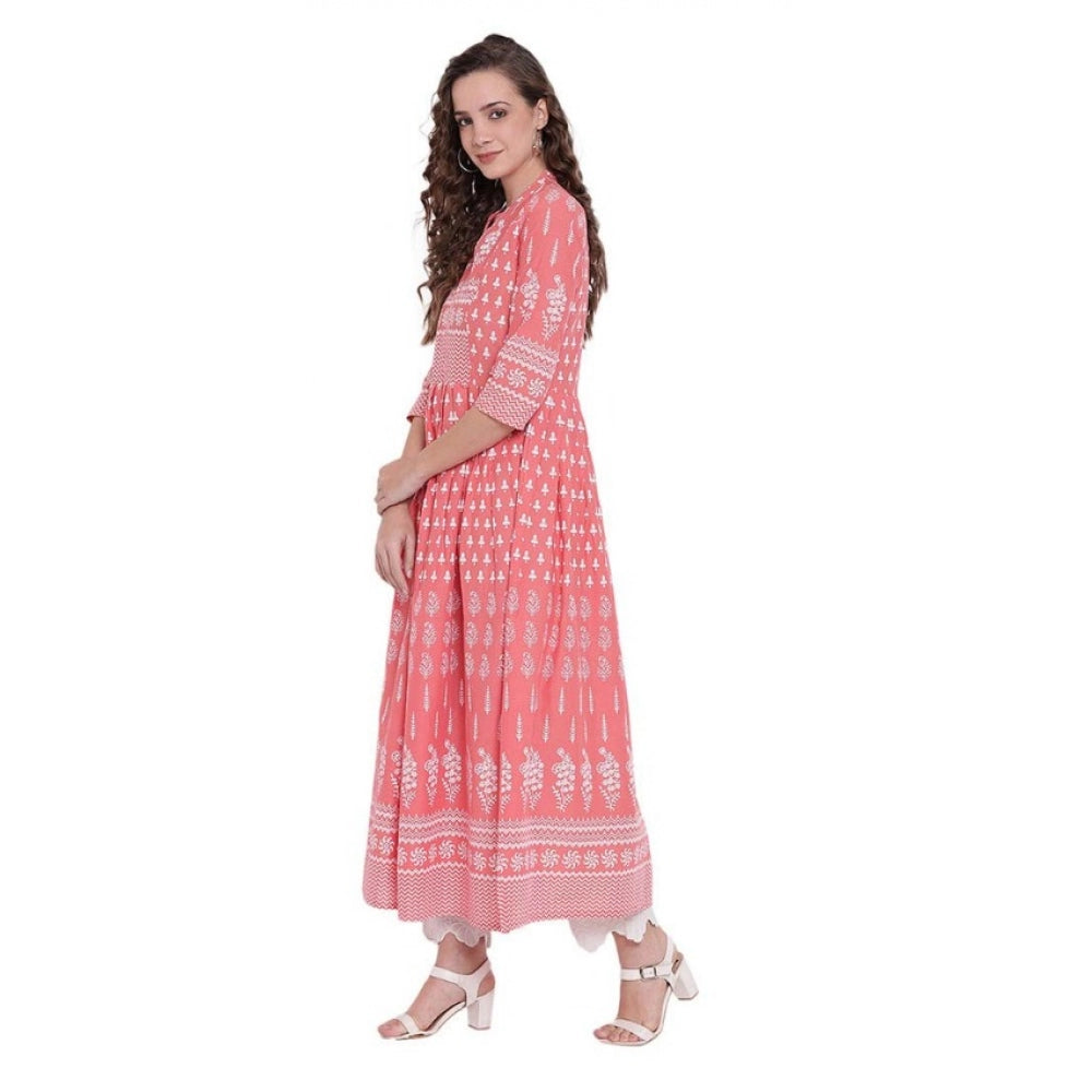 Women's Cotton Printed Regular Kurti (Peach, Cotton)