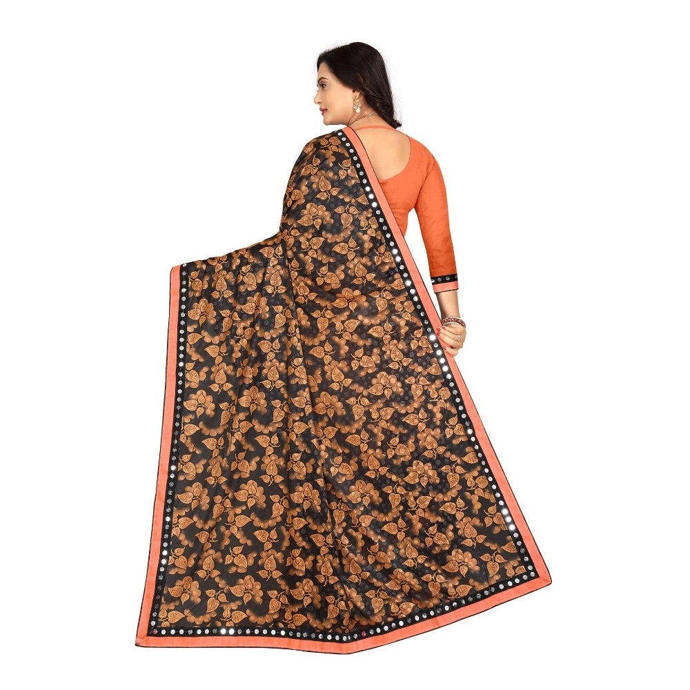 Women's Lycra Blend Saree with Blouse (Orange, 5-6 Mtrs)