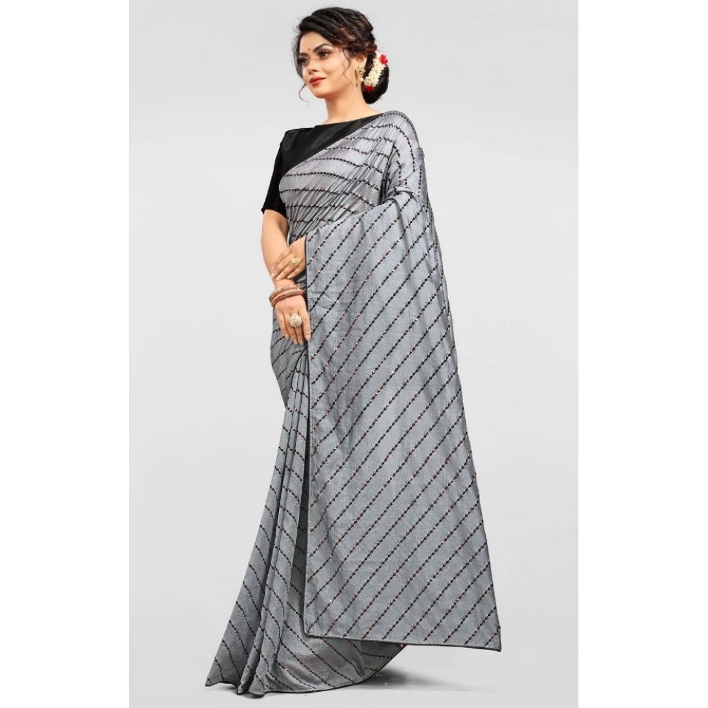 Women's Vichitra Saree with Blouse (Grey, 5-6 Mtrs)