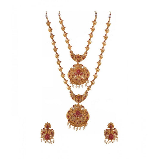 Women's Elegent And Modern Double Line Temple Jewellery Set (Red, Free Size)