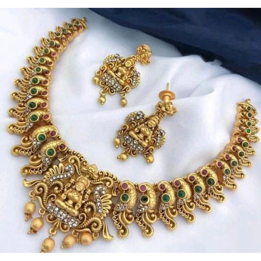 Women's Gold Plated Traditional Necklace and Earrings Set (Multi Color, Free Size)