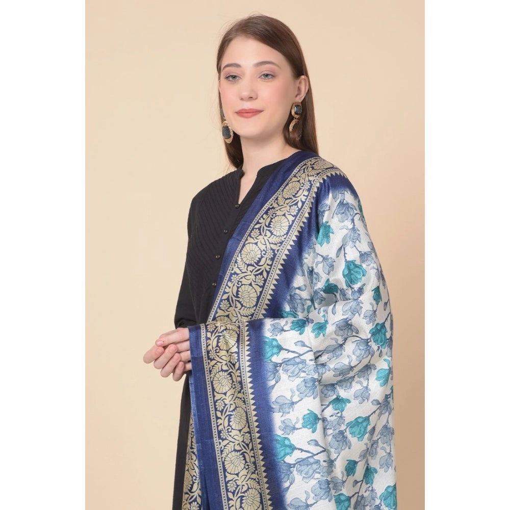 Women's Art Silk Printed Dupatta (Blue, Length: 2.25 to 2.50 Mtr)