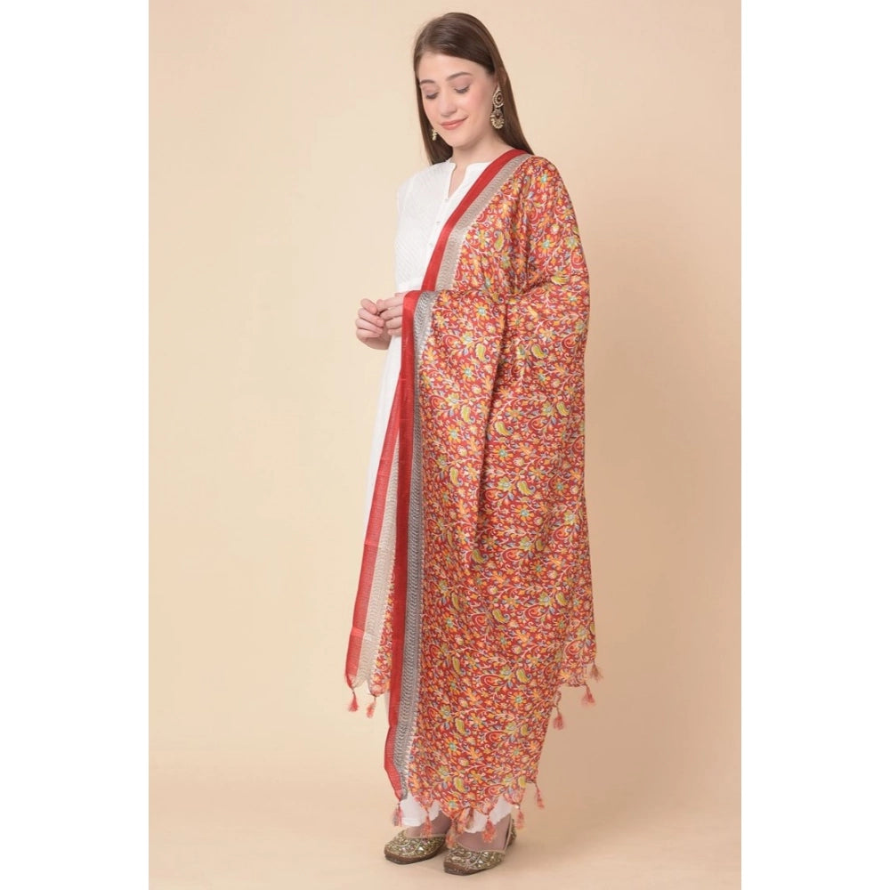 Women's Art Silk Printed Dupatta (Red, Length: 2.25 to 2.50 Mtr)