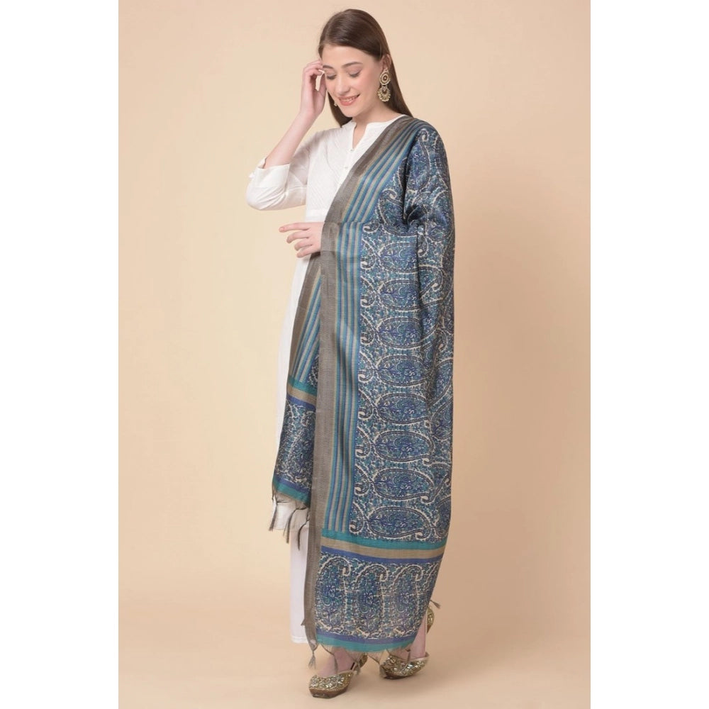 Women's Art Silk Printed Dupatta (Blue, Length: 2.25 to 2.50 Mtr)