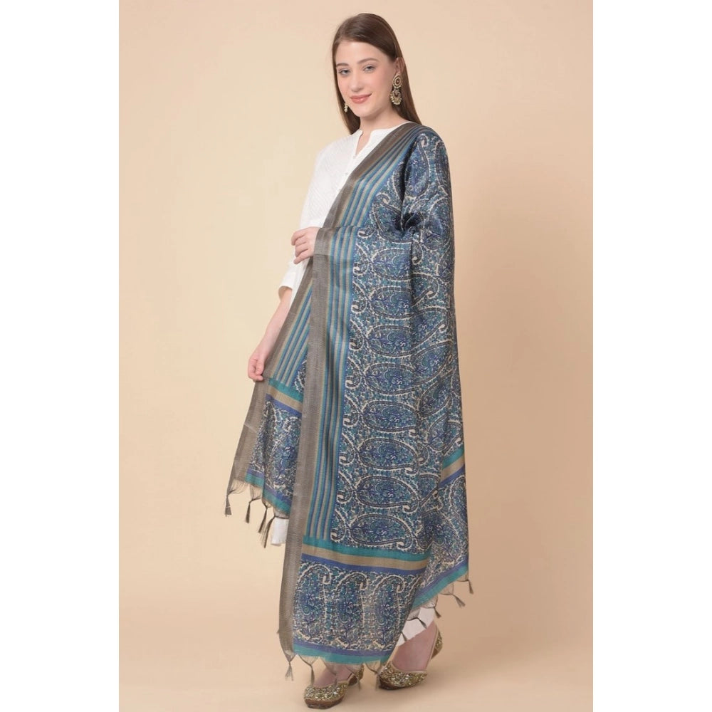 Women's Art Silk Printed Dupatta (Blue, Length: 2.25 to 2.50 Mtr)