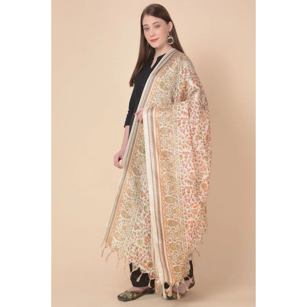 Women's Art Silk Printed Dupatta (White, Length: 2.25 to 2.50 Mtr)